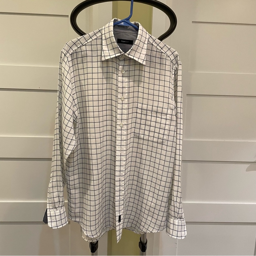 Men's White and Blue Checkered Shirt by Ermenegildo Zegna